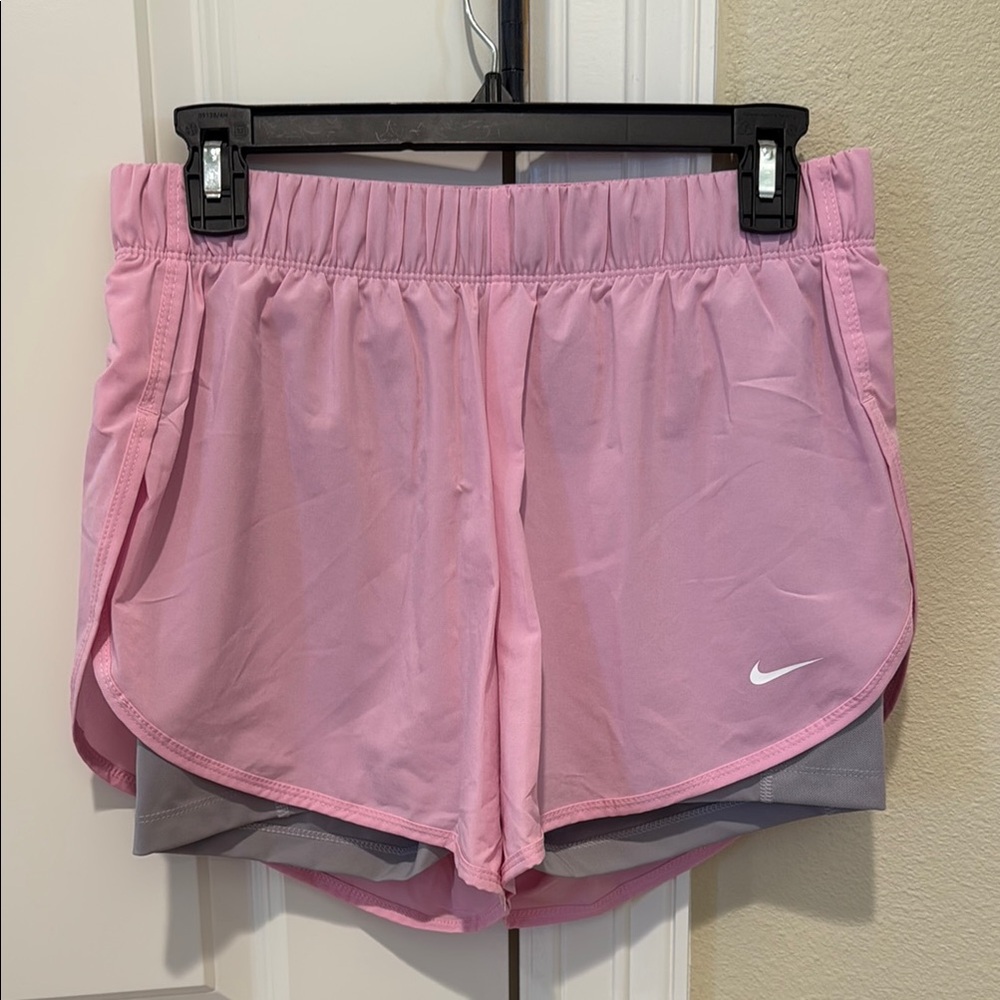 Nike Pink and Gray Athletic Shorts with Curved Hem